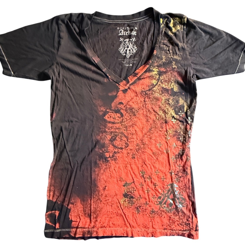 Archaic Womens XL V-Neck T-Shirt Black Red Cross Graphic Distressed Affliction